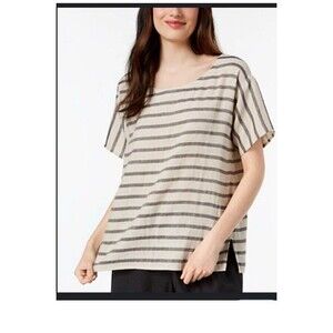 EILEEN FISHER  Linen Organic Cotton Nautical Gray Striped Lagenlook Blouse Sz M
